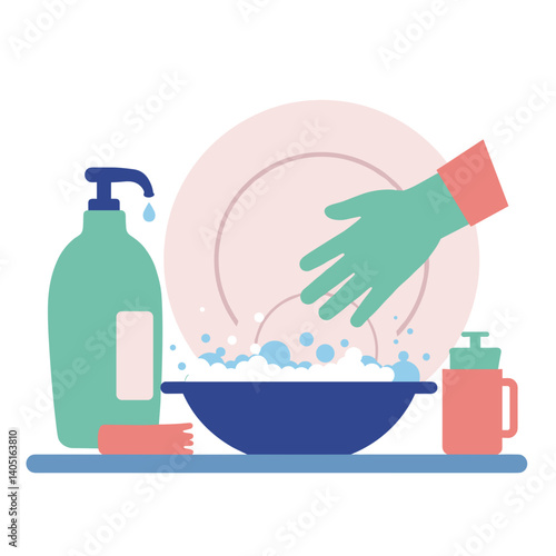 Hand washing dishes with soap and water in a modern kitchen  