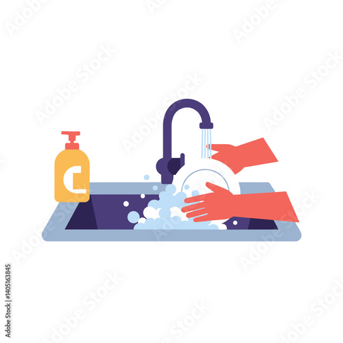 Washing dishes with soap and water in a clean kitchen sink  