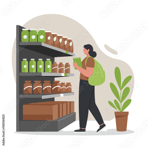 Young adult examining products in a retail aisle with shelves  