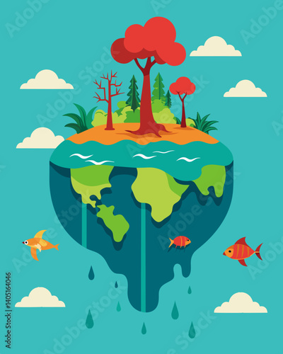 In a small island nation the loss of coral reefs and depletion of marine resources due to warming oceans have left its inhabitants with no choice but to seek refuge in other. Vector illustration