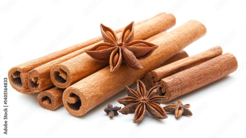 Increase the number of cinnamon sticks and anise stars on a white background Increase the number of cinnamon sticks and anise stars on a white background