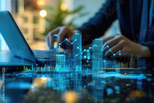 Person typing on laptop with holographic city and data overlay reflecting on surface beneath it