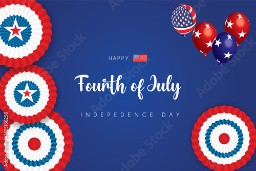 Festive 4th of July design with red, white, and blue rosettes, stars, and patriotic bunting on dark blue background. Perfect for USA Independence Day celebrations and greetings.