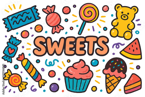 Dynamic and colorful candy-inspired designs with playful hand-drawn illustrations, great for use on menu covers, labels, and packaging in stores
