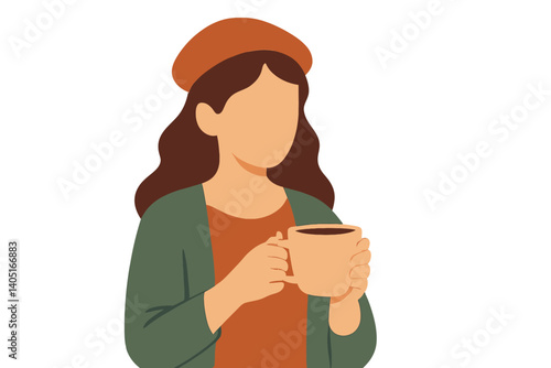 A faceless girl is depicted in a retro-colored flat vector illustration with coffee