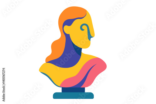 A stylized bust with a modern twist is depicted in a flat illustration, showcasing vibrant colors and a unique abstract form
