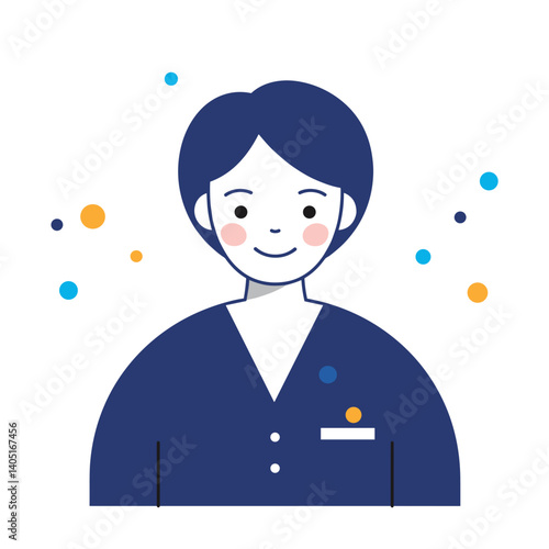 Friendly assistant smiling with colorful dots background  