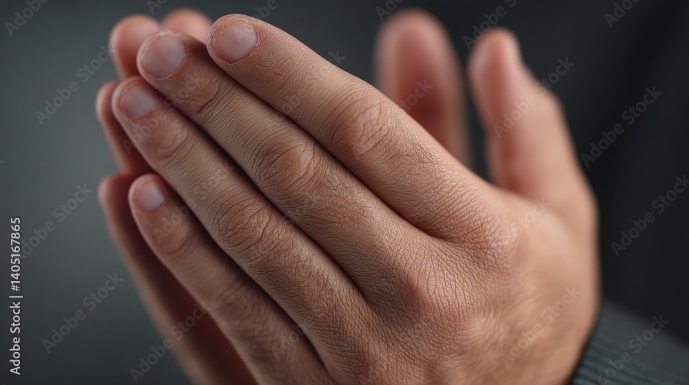 Fototapeta premium Praying hands close up captured with natural light from side on soft neutral background expressing emotion spirituality and personal belief moment