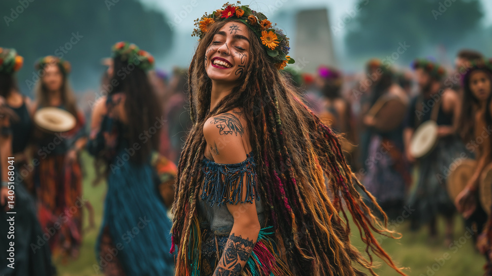 Joyful Woman at Solstice Festival Near Stonehenge, Ai Generated Images. Joyful Woman at Solstice Festival Near Stonehenge, Ai Generated Images.