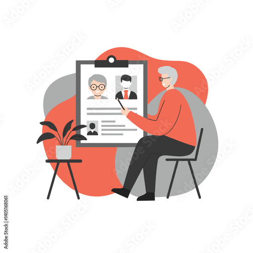 Senior man evaluating job applicants in a cozy workspace  