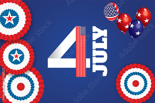 Festive 4th of July design with red, white, and blue rosettes, stars, and patriotic bunting on dark blue background. Perfect for USA Independence Day celebrations and greetings.