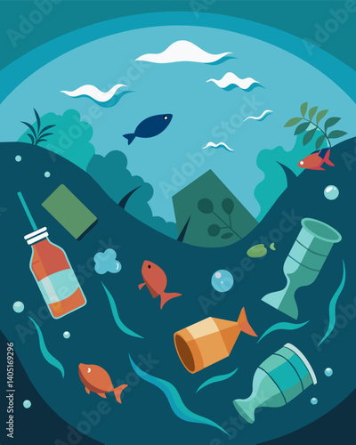 The once crystalclear waters are now clouded with bits of plastic and debris a reminder of the damage humans have done to the ocean.. Vector illustration