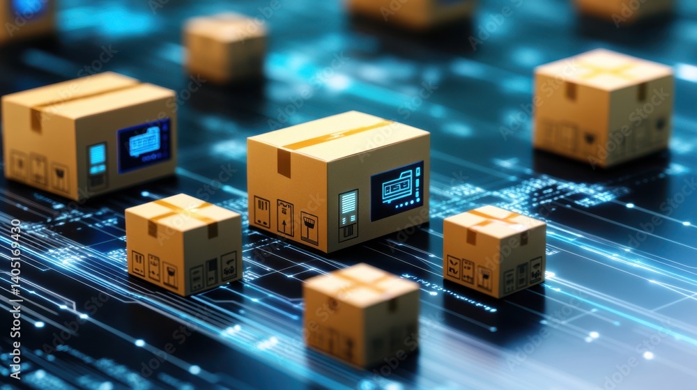 Digital Delivery Concept with Cardboard Boxes and Data Streams