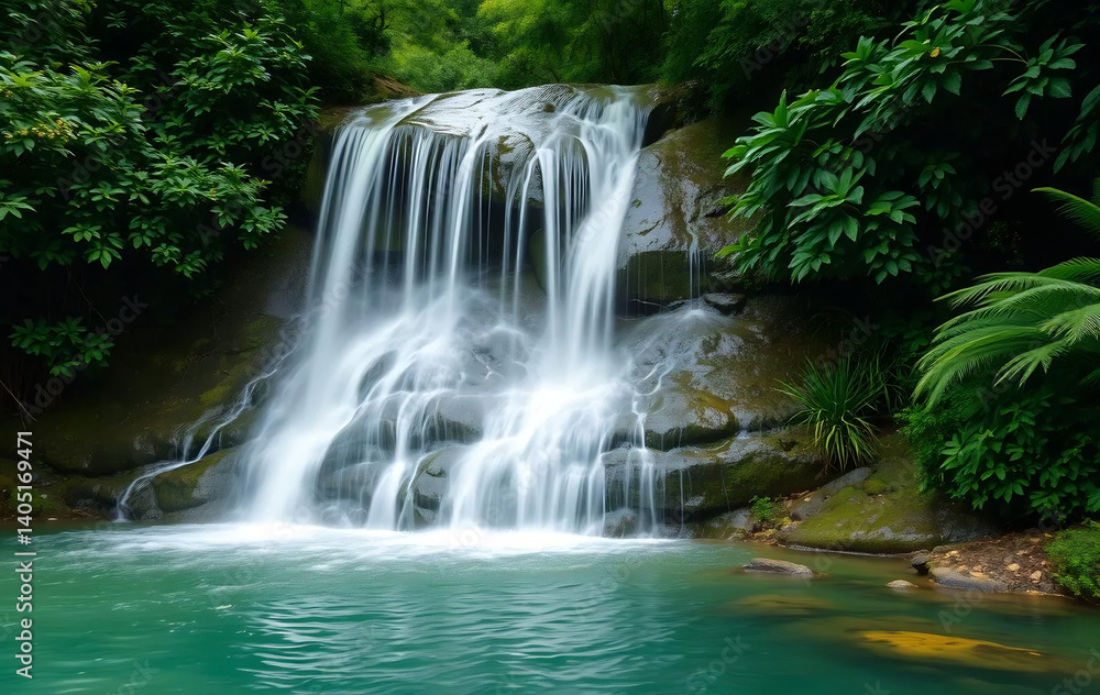 Obraz premium A Peaceful Waterfall Surrounded by Lush Greenery