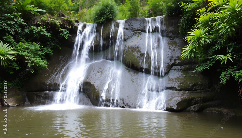 Obraz premium A Peaceful Waterfall Surrounded by Lush Greenery