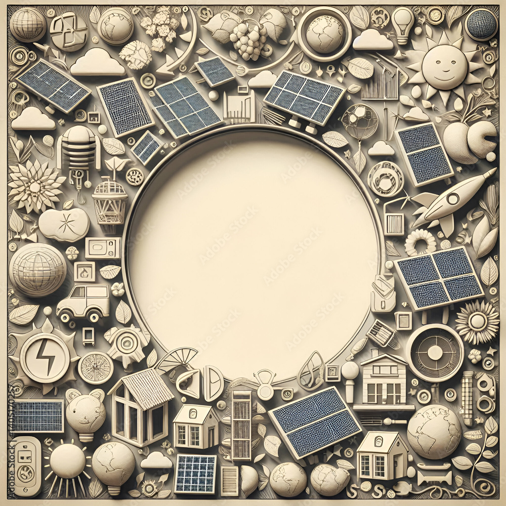 Obraz premium Solar Energy & Environmental Frame concept as A border frame featuring solar energy icons and environmental conservation symbols with room for messages about clean energy. in Photo Stock Concept 