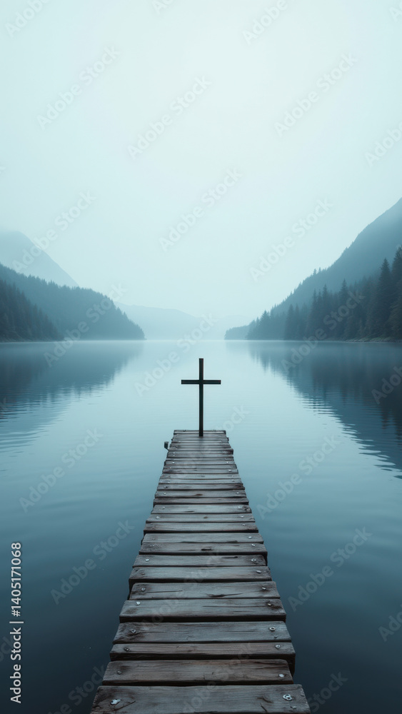 Obraz premium A serene lake scene with a Christian cross on a dock.