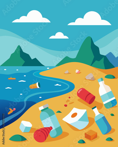 A once pristine beach filled with plastic waste and debris showcasing the depletion of natural resources and the damaging effects of consumerism.. Vector illustration