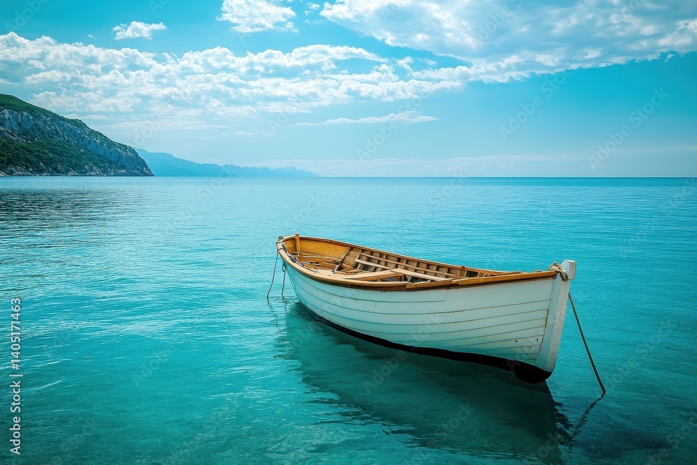 Tranquil water, small boat, azure sky Tranquil water, small boat, azure sky