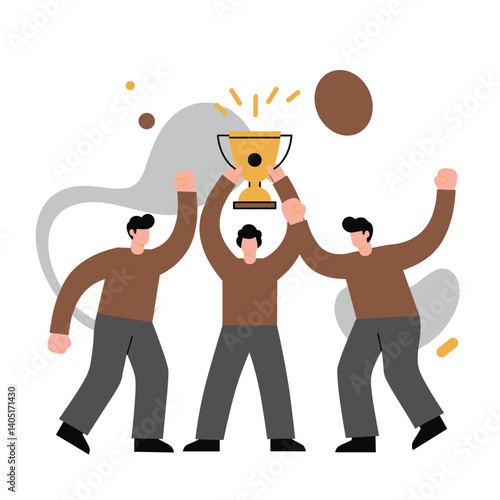 Celebrating Team Victory with Trophy Against Abstract Background  