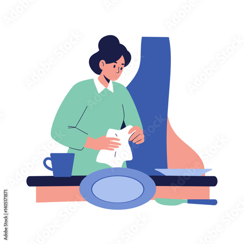 Woman cleaning kitchen table with dish cloth in colorful style  