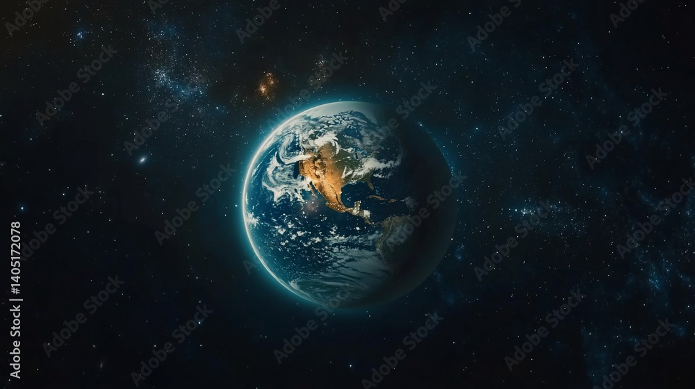 Earth from space, showing North and Central America, surrounded by stars. Earth from space, showing North and Central America, surrounded by stars.