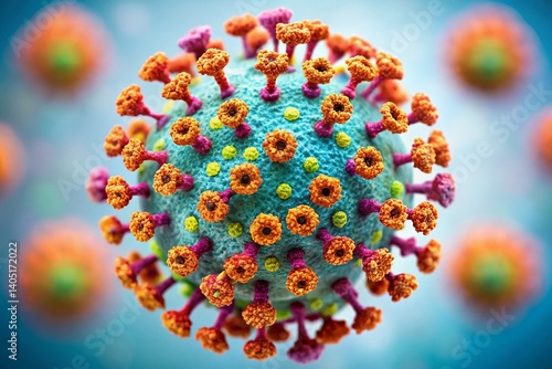 Microscopic Marvel: An eye-level, high-magnification shot of a menacing virus, its intricate surface bristling with spikes, looms against a soft, blurred backdrop.