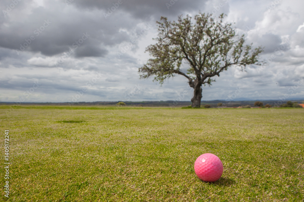 Golf green area surrounded by mediterranean holm oak forest