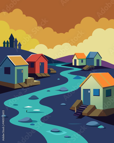 A row of abandoned homes located near a landfill that has contaminated their well water with toxic waste.. Vector illustration