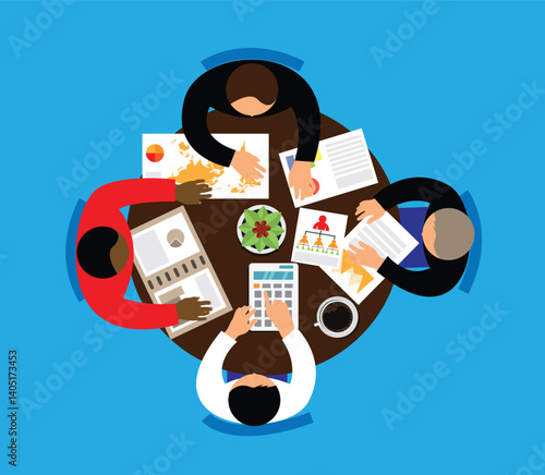 Four Business People Discuss Work and Sales Graphs Behind Table Top View. Office and company leadership vector art