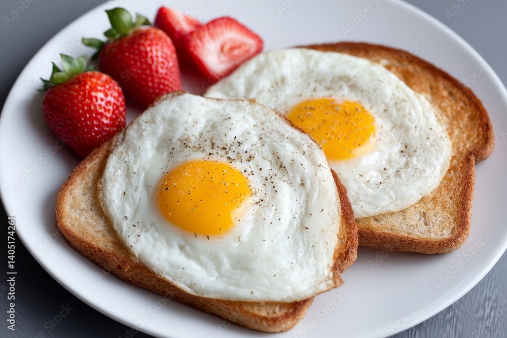 Fototapeta premium Twin fried eggs on white toast with strawberry on blue ceramic plate presented in clean table setting perfect for nutritious minimal breakfast content with modern high quality food styling