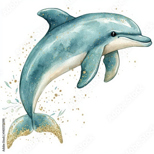 Wallpaper Mural Cute Watercolor Dolphin Design Featuring Light Green and Gold Glitter on White Background With Lilac Accents Torontodigital.ca