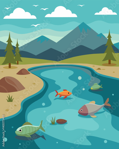 The once crystal clear waters of a lake are now murky and contaminated causing the decline of resident fish populations.. Vector illustration