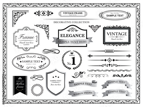 Labels and badges, retro ribbons. Typography design elements. Decorative vector frames and borders. Vintage floral design elements..eps