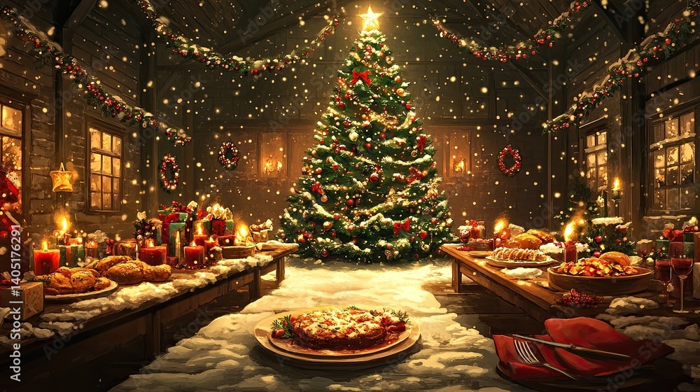 Decorated Christmas tree and a plate of food, festive holiday, family gathering, Christmas celebration, seasonal decor, holiday meals, home warmth. Decorated Christmas tree and a plate of food, festive holiday, family gathering, Christmas celebration, seasonal decor, holiday meals, home warmth.