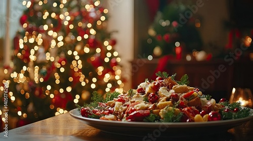 Decorated Christmas tree and a plate of food, festive holiday, family gathering, Christmas celebration, seasonal decor, holiday meals, home warmth.