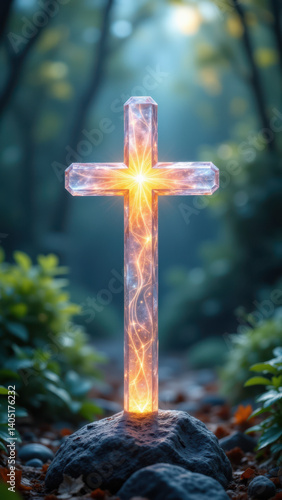 A glowing illuminated Christian cross standing tall on a rock path amidst a serene forest setting.