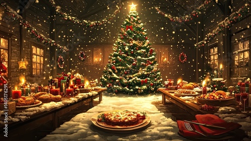 Decorated Christmas tree and a plate of food, festive holiday, family gathering, Christmas celebration, seasonal decor, holiday meals, home warmth.