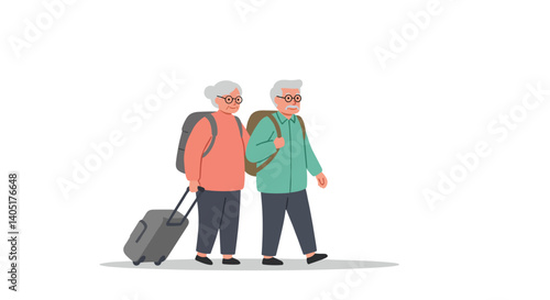 Senior couple traveling light with luggage on a light background