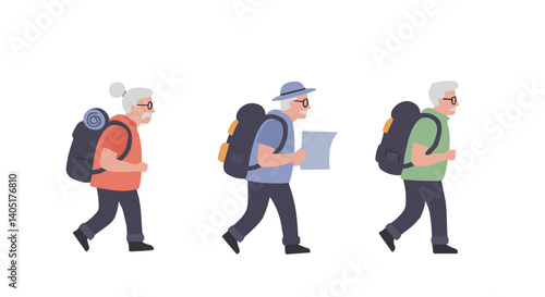 Elderly hikers with backpacks walking on a light background