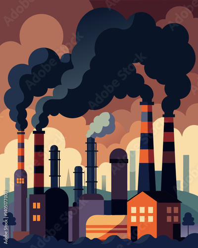 Large pipes spewing out thick dark smoke and chemicals into the air causing harm to both the environment and nearby communities.. Vector illustration