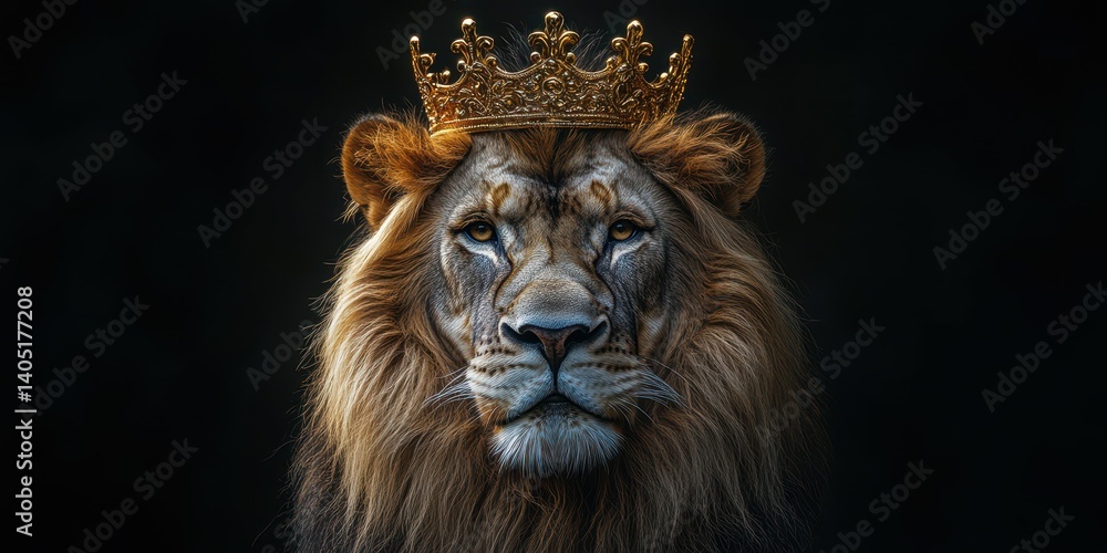 Naklejka premium Lion wearing a golden crown symbolizing strength and majesty in a striking visual composition