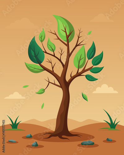 A tree with wilted leaves struggling to survive in a deforested area.. Vector illustration