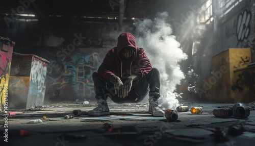 A hooded figure crouched in a derelict urban space.