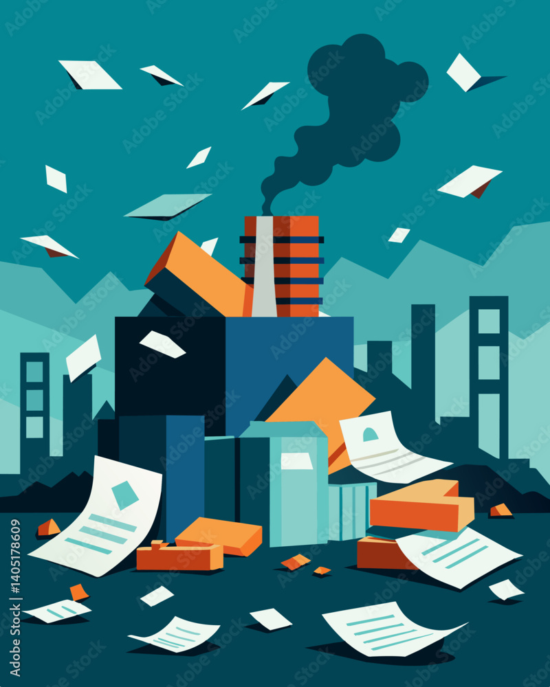 The stack of unpaid bills and financial documents strewn across the abandoned factory office was a sad reminder of the economic downfall that led to its desertion.. Vector illustration