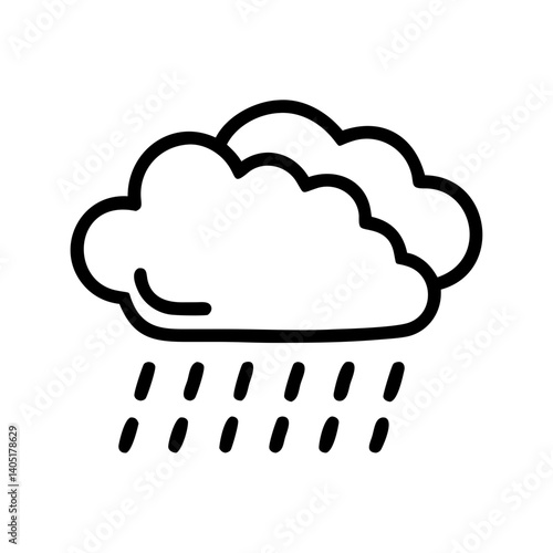 Outline icon of rainy cloud with falling raindrops on white background