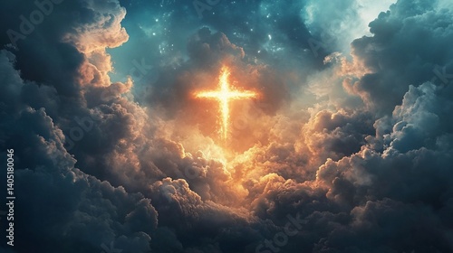 Fiery cross shining through dark clouds in a dramatic sky.