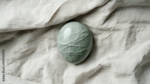A light green gemstone rests on a white fabric.