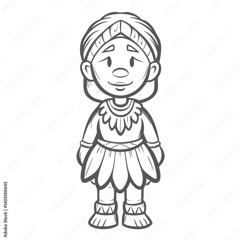 Cartoon Zulu Girl Illustration, Outline Style Cartoon Zulu Girl Illustration, Outline Style