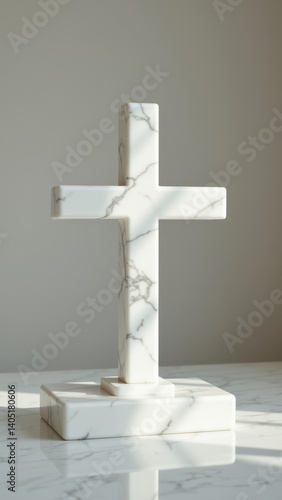 A small marble cross stands on a pedestal with subtle light reflections.